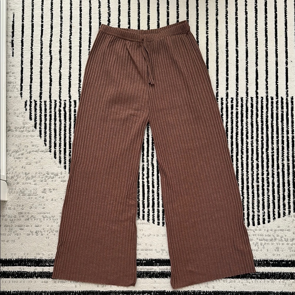 Brown Ribbed Wide-Leg Pants
